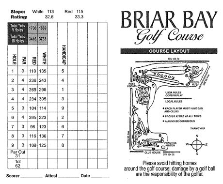 Briar Bay Golf Course Scorecard